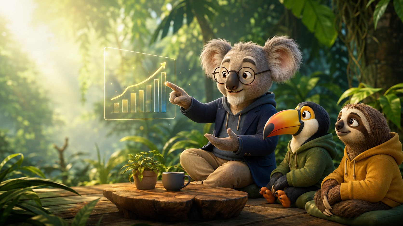 Koala Finanzberater erklärt zwei Dschungeltieren Finanzen